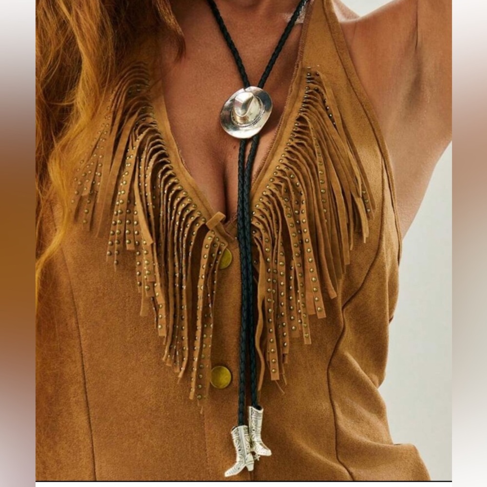 Western Black Bolo Tie with Silver Cowboy Hat and Boot Accents new